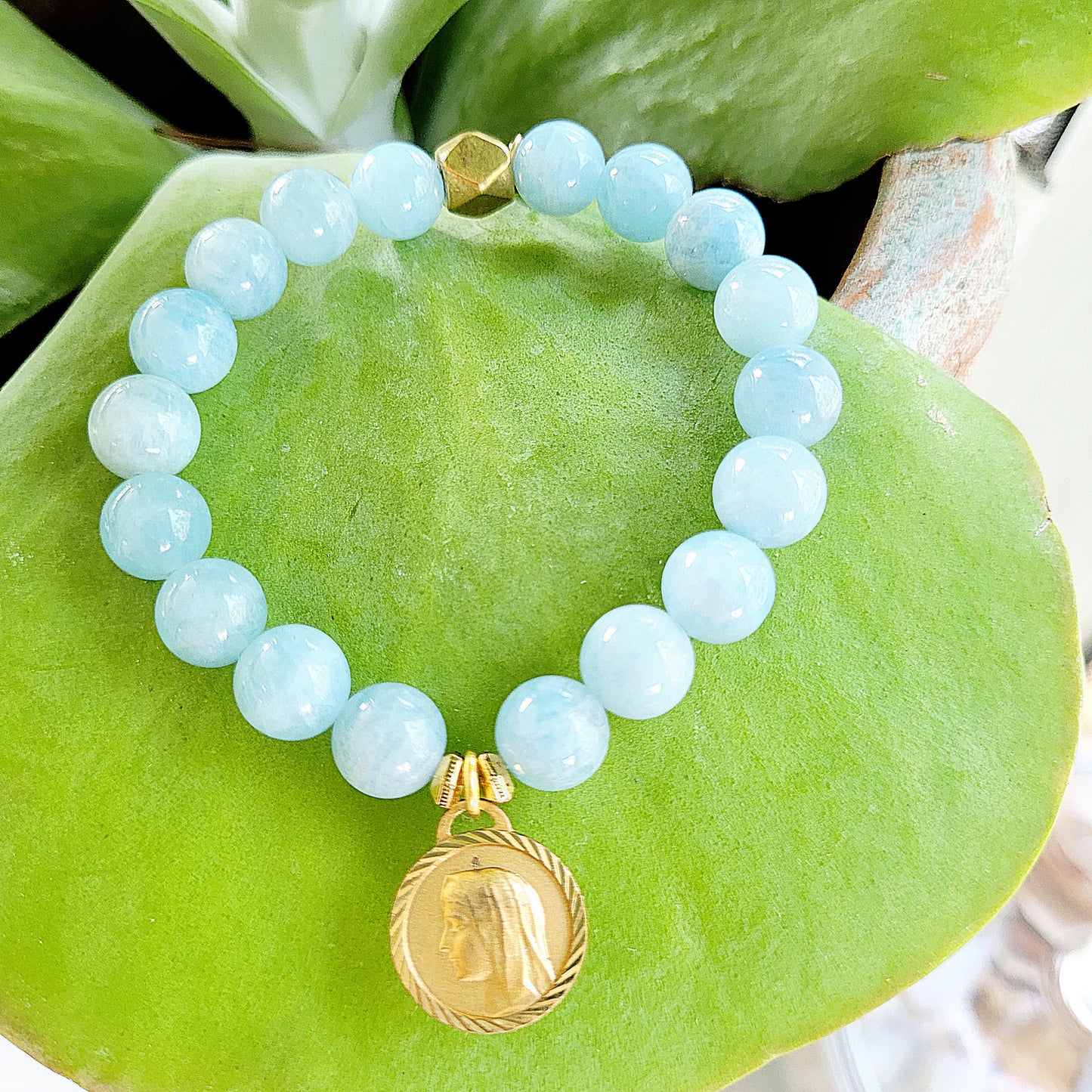 Aquamarine 12mm Beaded Bracelet w/ Our Lady of Lourdes Gold-Plated Medal
