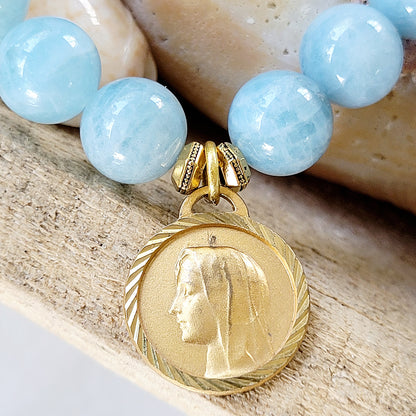 Aquamarine 12mm Beaded Bracelet w/ Our Lady of Lourdes Gold-Plated Medal