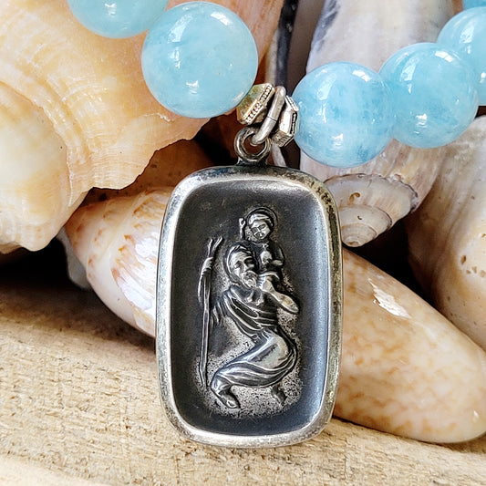 Aquamarine 12mm Beaded Bracelet w/ Sterling Silver St. Christopher Carrying Infant Jesus Medal