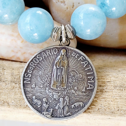 Aquamarine 12mm Beaded Bracelet w/ Our Lady of Fatima + Sacred Heart of Jesus Silver Medal