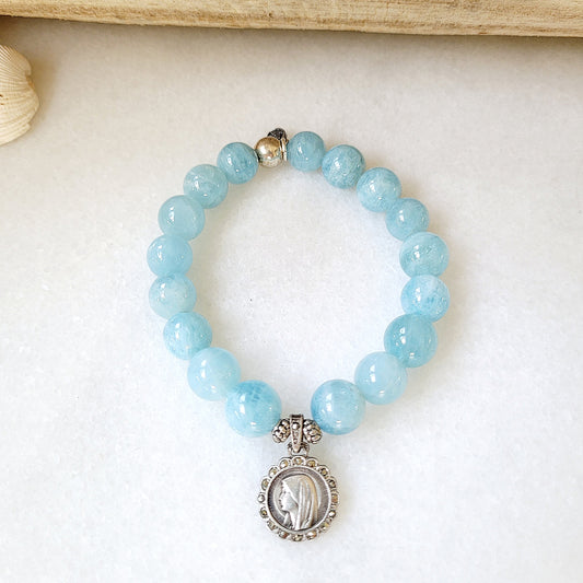 Aquamarine 12mm Beaded Bracelet w/ Sterling Silver Our Lady of Lourdes Medal with Marcasite Accent