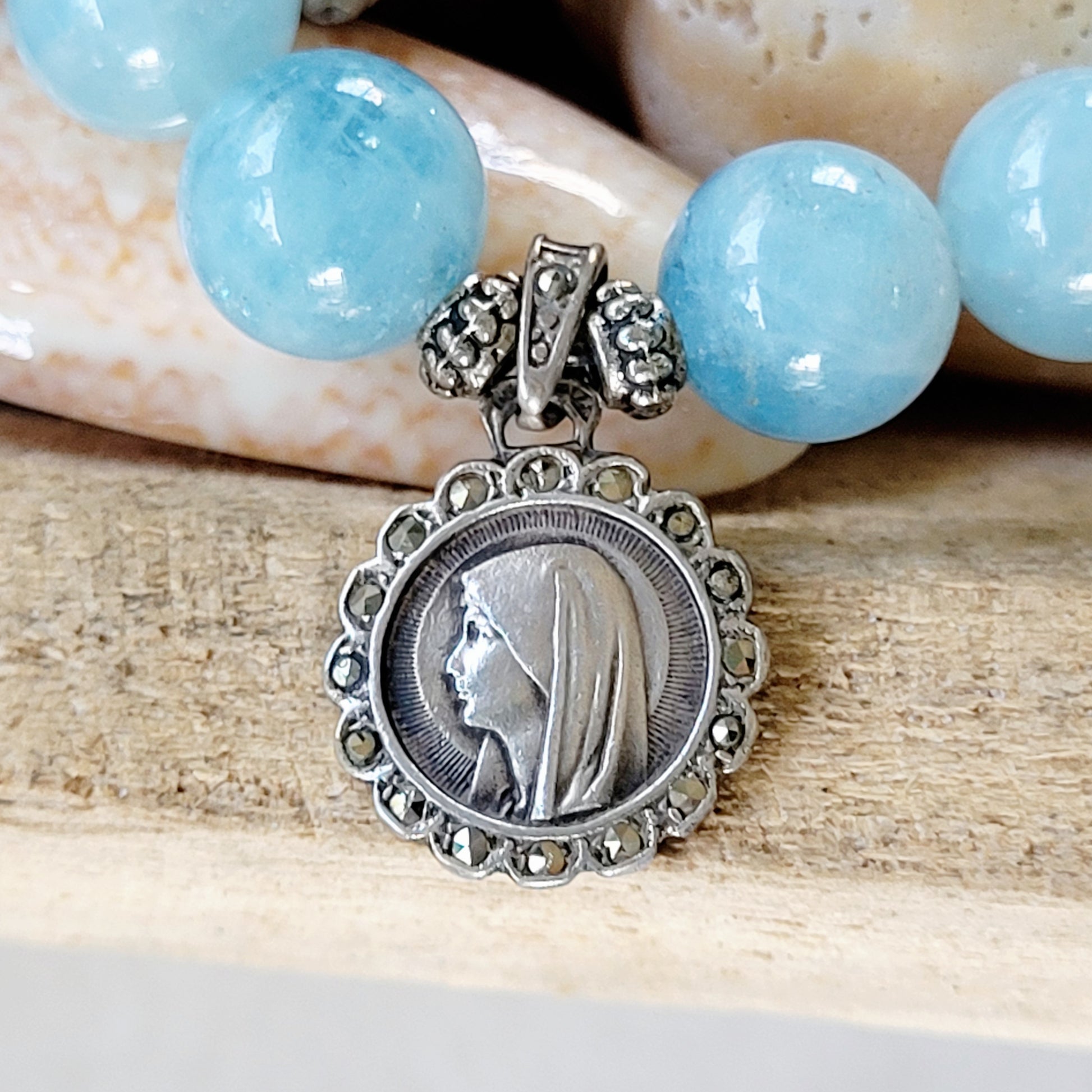 Aquamarine 12mm Beaded Bracelet w/ Sterling Silver Our Lady of Lourdes Medal with Marcasite Accent