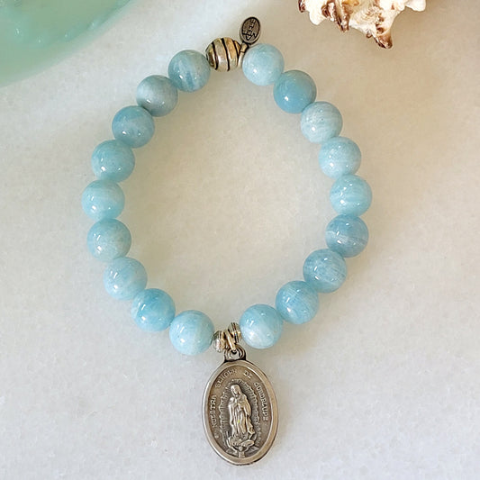 Aquamarine 12mm Beaded Bracelet w/ Silver Our Lady of Guadalupe Medal + Sacred Heart of Jesus