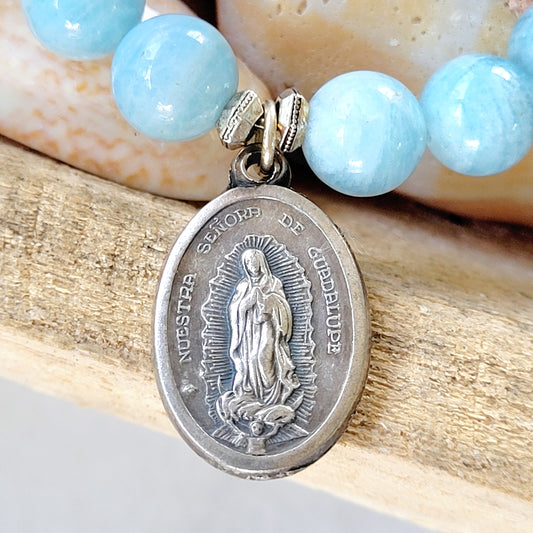 Aquamarine 12mm Beaded Bracelet w/ Silver Our Lady of Guadalupe Medal + Sacred Heart of Jesus