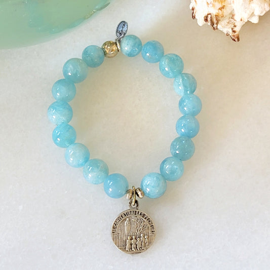 Aquamarine 12mm Beaded Bracelet w/ Vintage Silver Medal of Our Lady of Beauraing