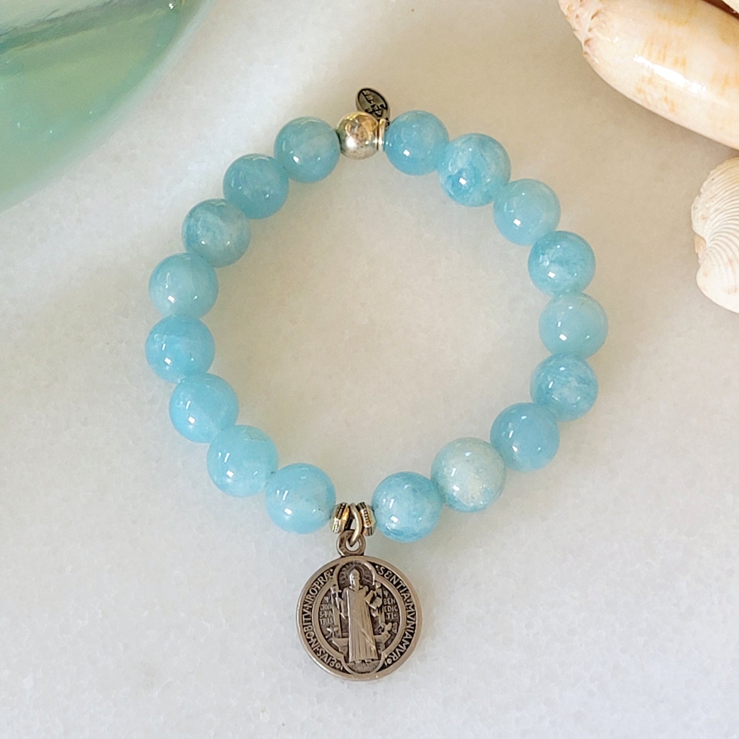 Copy of Aquamarine 12mm Beaded Bracelet w/ Cross of St. Benedict Silver Medal