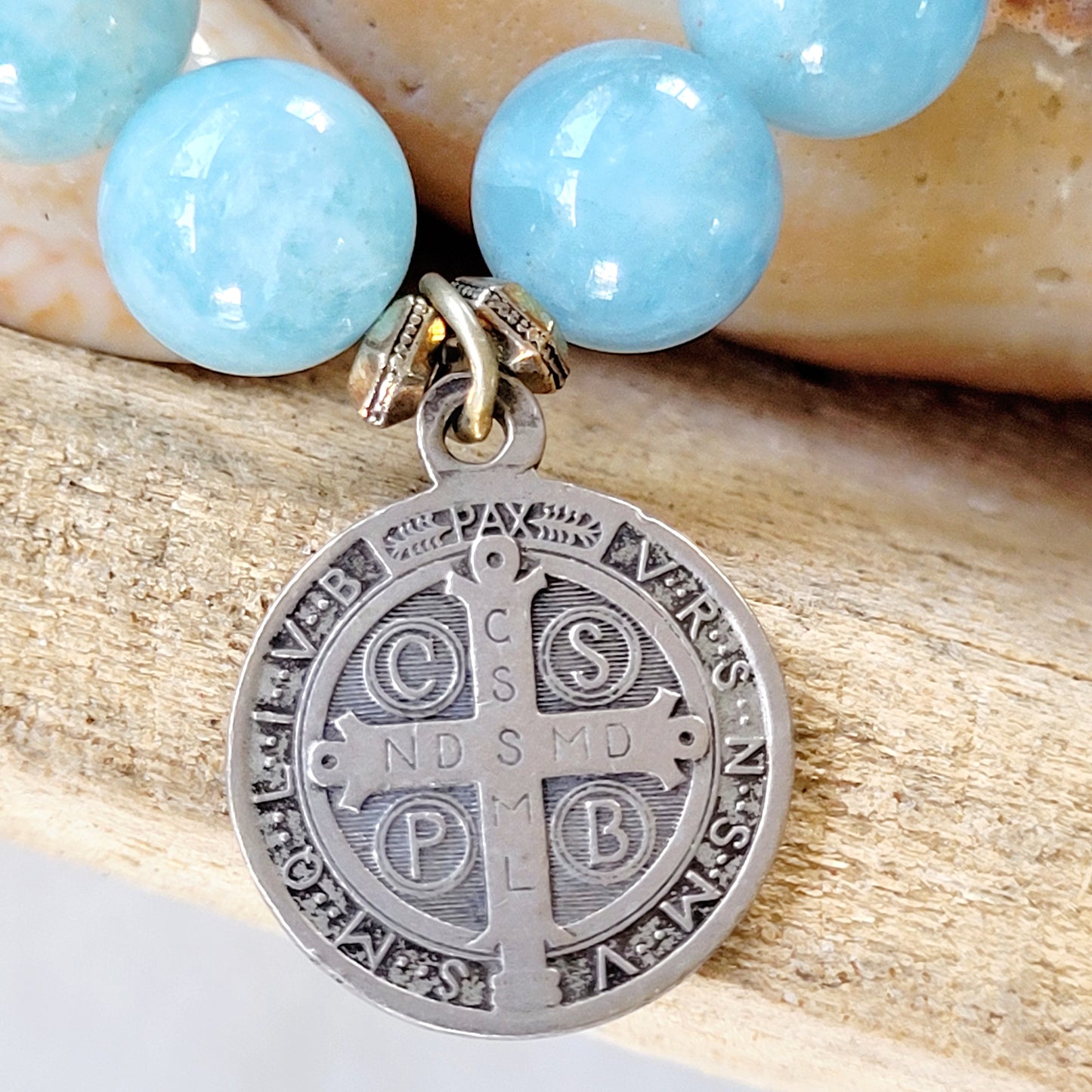 Aquamarine 12mm Beaded Bracelet w/ Cross of St. Benedict Silver Medal - Afterlife Jewelry Designs