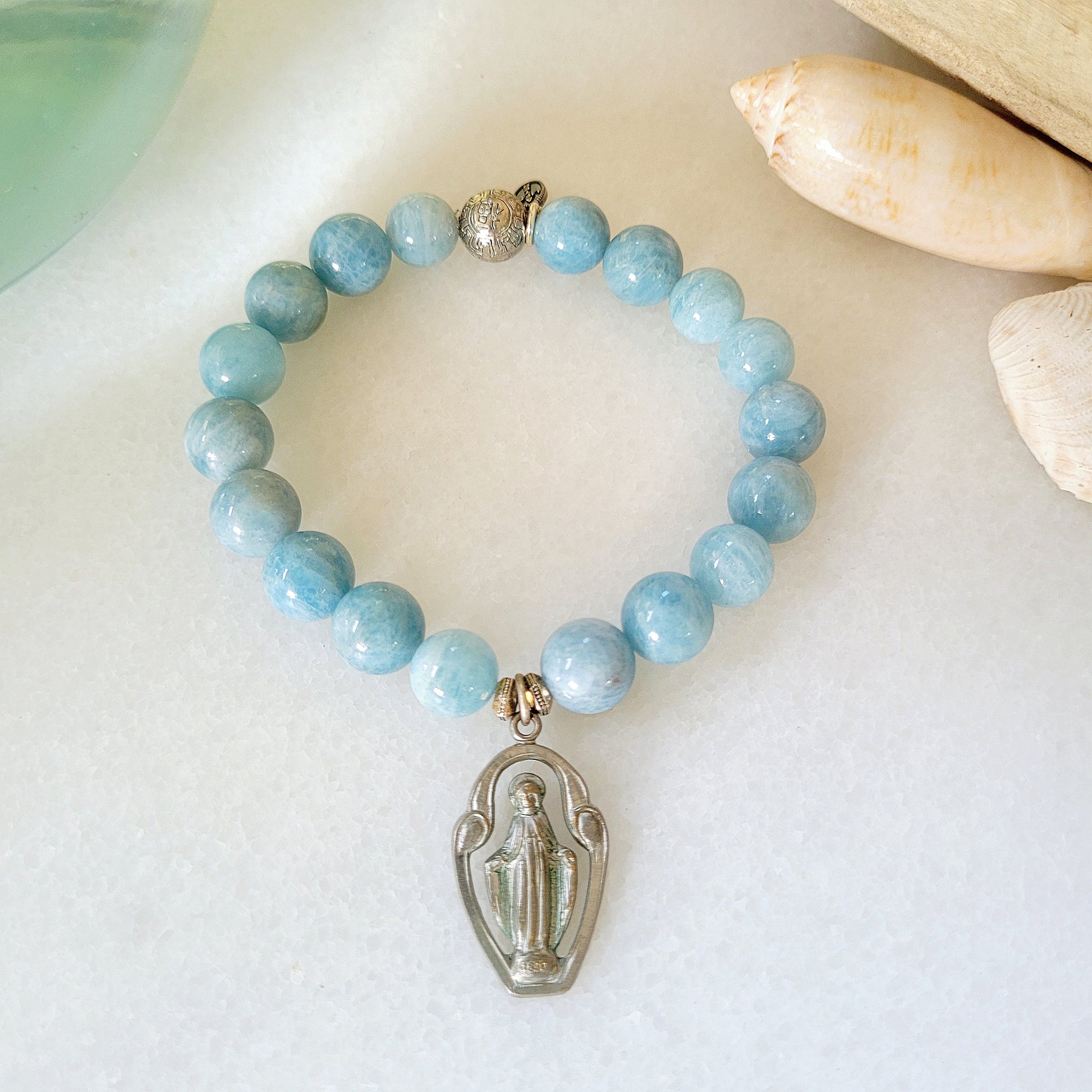 Aquamarine 12mm Beaded Bracelet w/ Cut-Out Virgin Mary Medal + Miraculous Medal