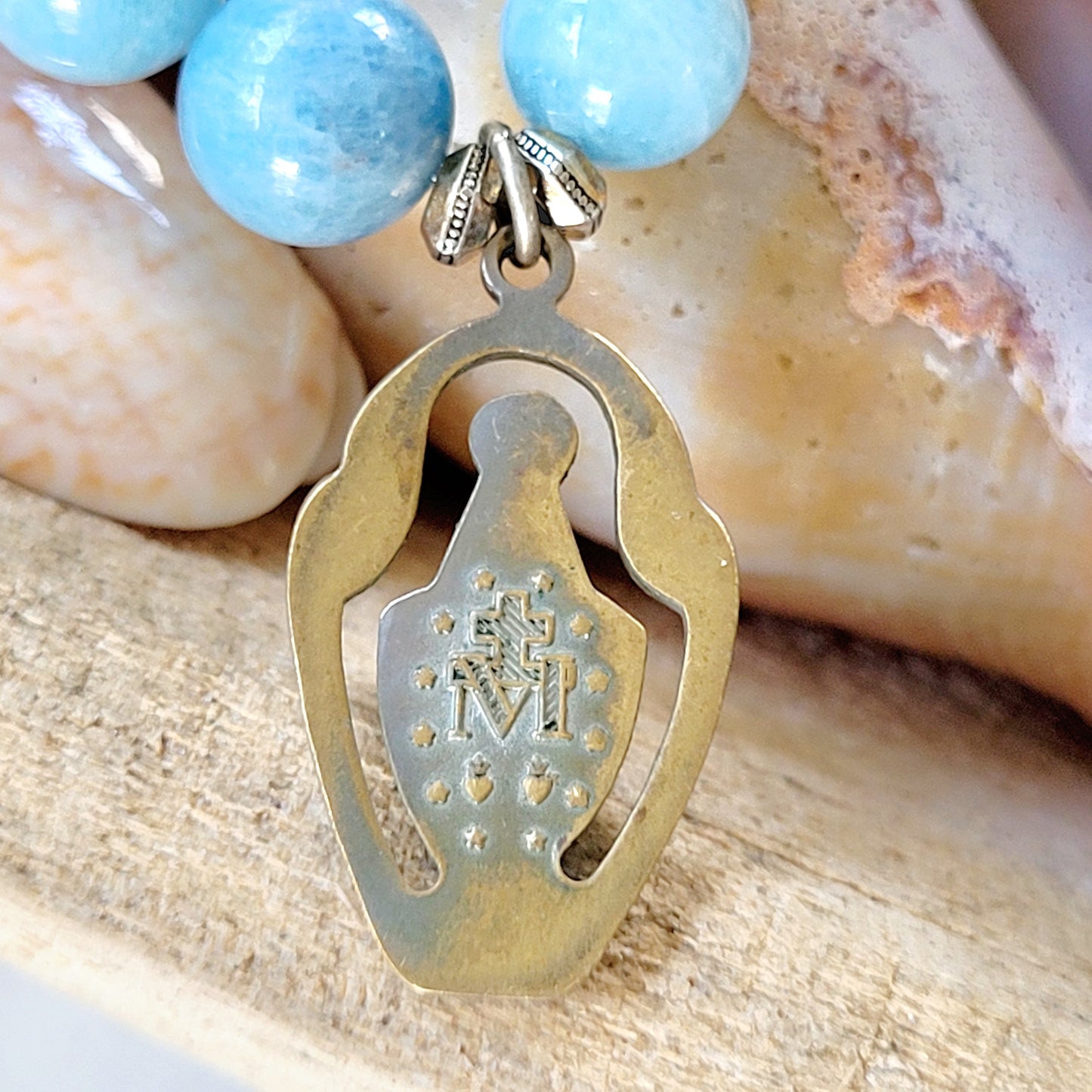 Aquamarine 12mm Beaded Bracelet w/ Cut-Out Virgin Mary Medal + Miraculous Medal