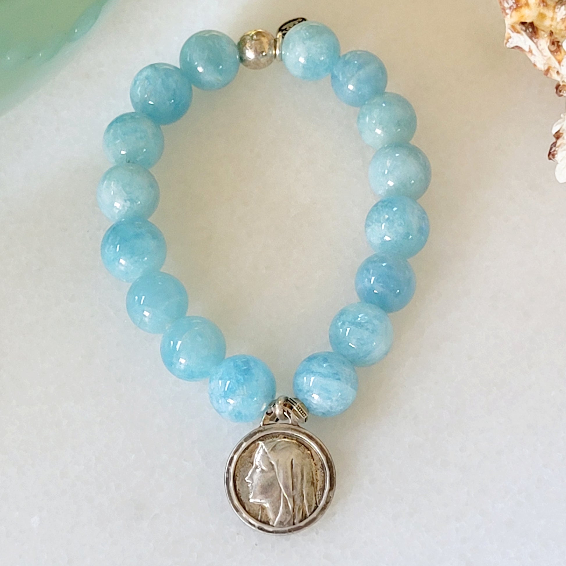 Aquamarine 12mm Beaded Bracelet w/ Our Lady of Lourdes Sterling Silver Medal