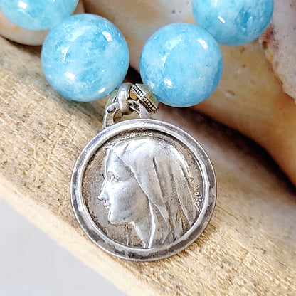 Aquamarine 12mm Beaded Bracelet w/ Our Lady of Lourdes Sterling Silver Medal