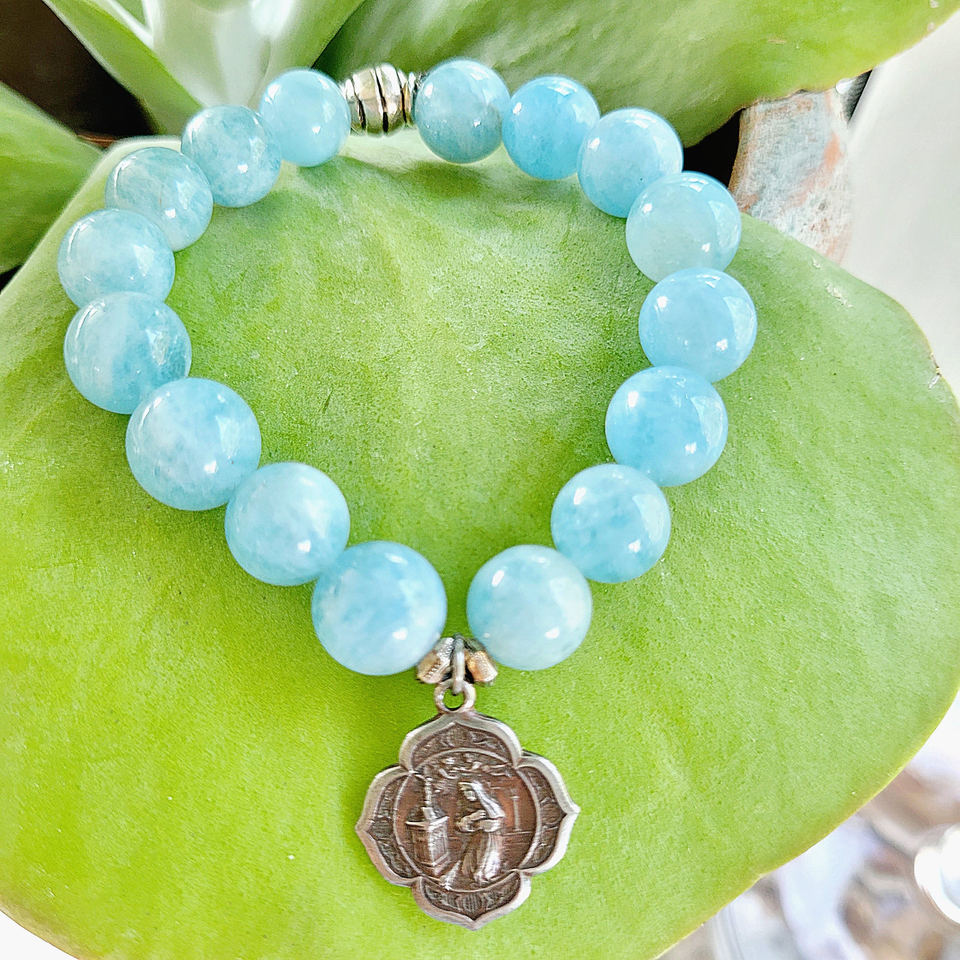 Aquamarine 12mm Beaded Bracelet w/ St. Rita Silver Medal + St. Anthony