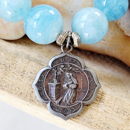 Aquamarine 12mm Beaded Bracelet w/ St. Rita Silver Medal + St. Anthony