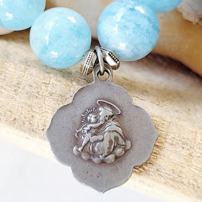 Aquamarine 12mm Beaded Bracelet w/ St. Rita Silver Medal + St. Anthony