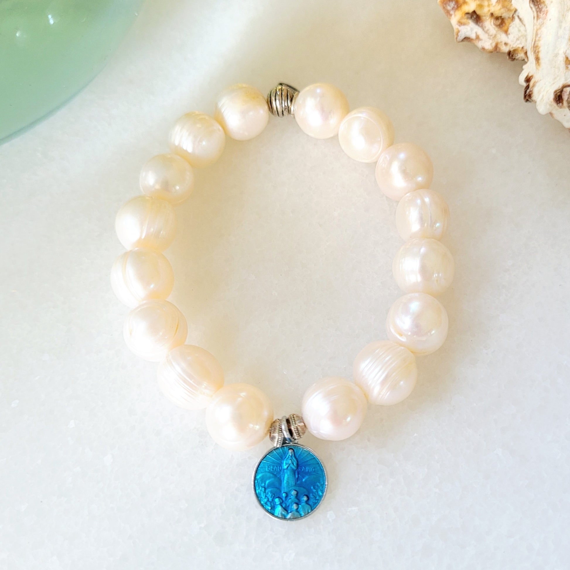 Freshwater Pearl 12mm Beaded Bracelet w/ Enameled Our Lady of Beauraing Medal - Afterlife Jewelry Designs