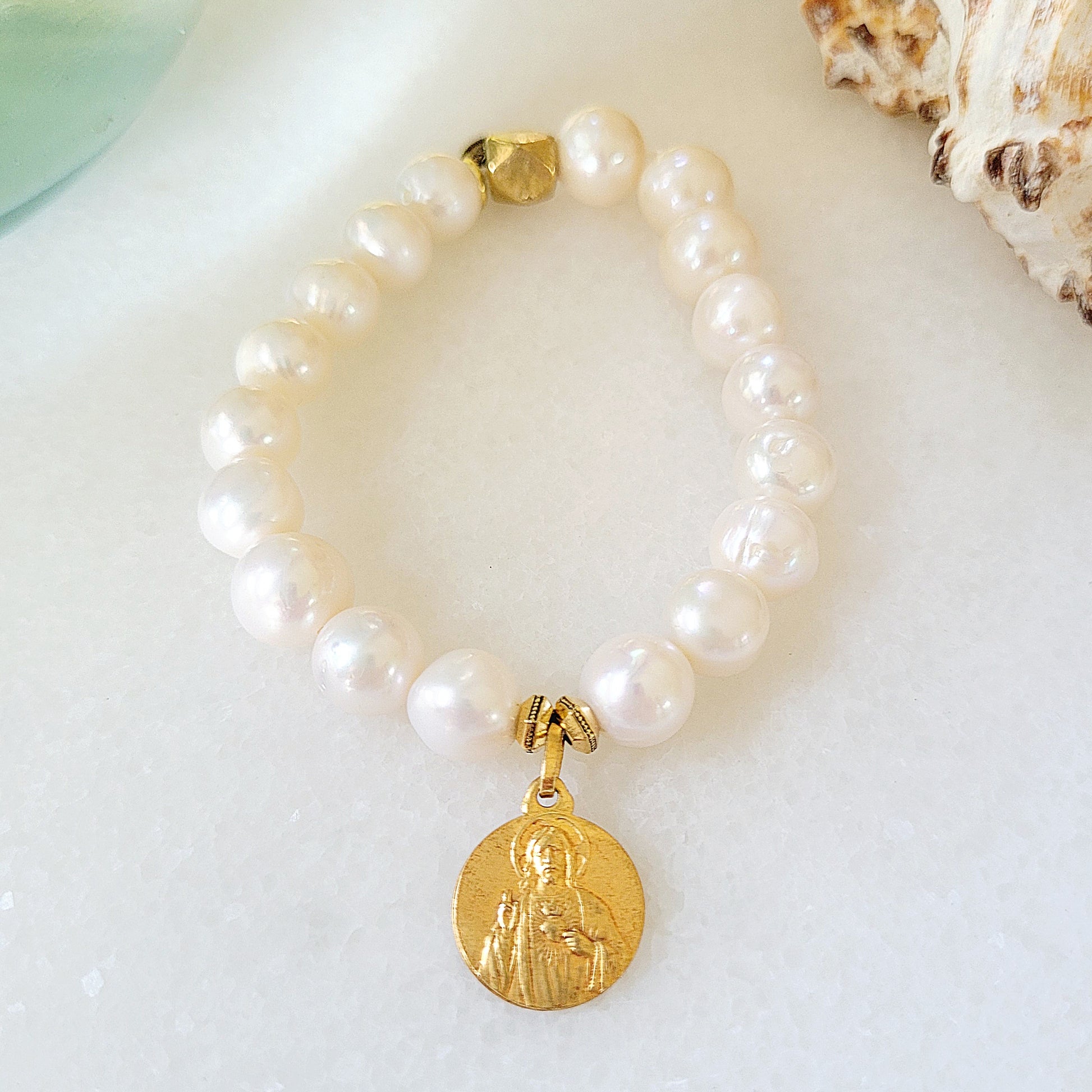 FRESH WATER PEARL BRACELET 12 MM W/GOLD BEADS FRESH WATER PEARL BRACELET 12 MM W/GOLD BEADS