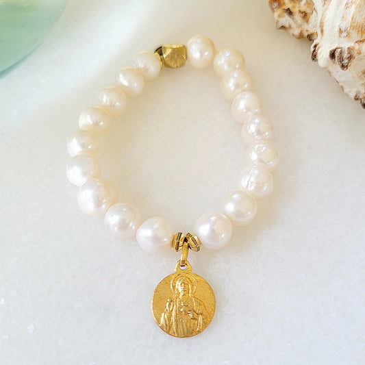 Freshwater Pearl 12mm Beaded Bracelet w/ Gold-plated Sacred Heart of Jesus + Our Lady of Mt. Carmel Medal