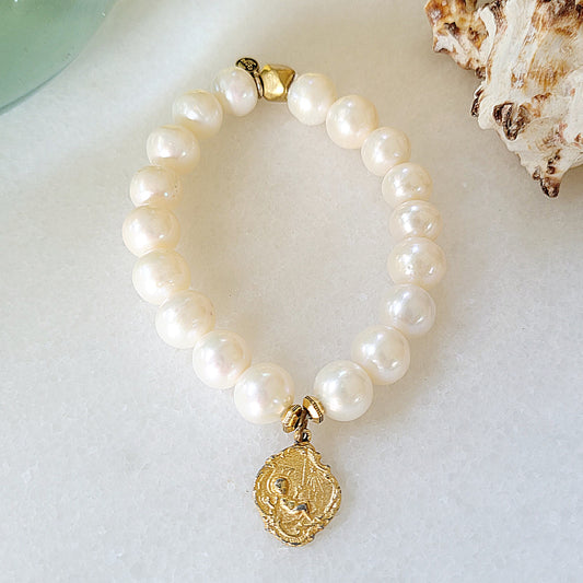 Freshwater Pearl 12mm Beaded Bracelet w/ Gold-plated Infant Jesus Medal from Italy