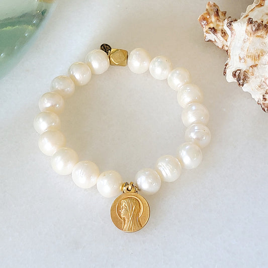 Freshwater Pearl 12mm Beaded Bracelet w/ Our Lady of Lourdes Gold-plated Medal