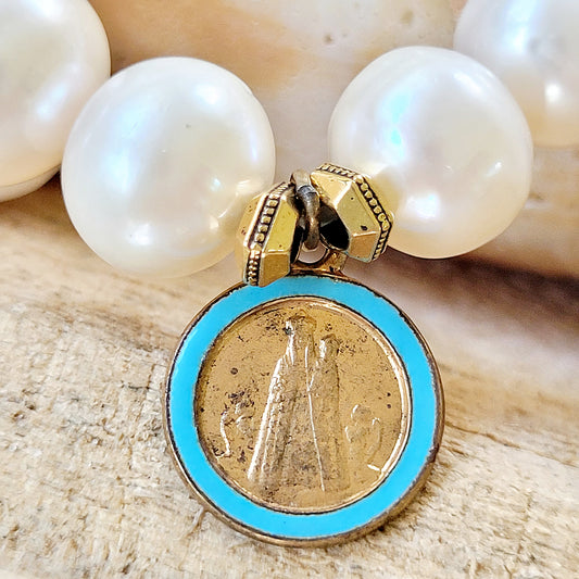 Freshwater Pearl 12mm Beaded Bracelet w/ Virgin Mary holding Jesus Enamel Accent Gold-Plated Medal