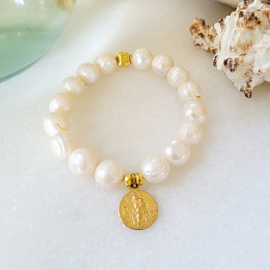 Freshwater Pearl 12mm Beaded Bracelet w/ Our Lady of Mt. Carmel + Sacred Heart of Jesus Gold-plated Medal