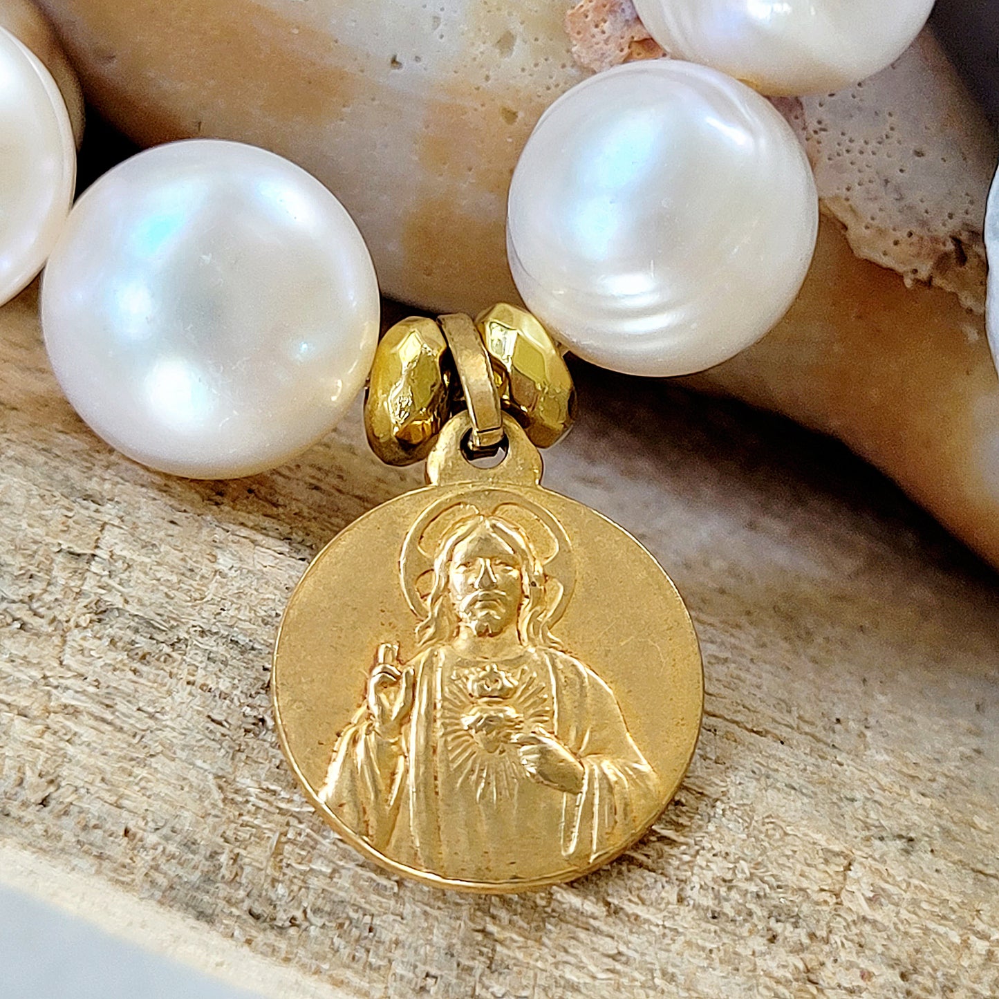 Freshwater Pearl 12mm Beaded Bracelet w/ Our Lady of Mt. Carmel + Sacred Heart of Jesus Gold-plated Medal