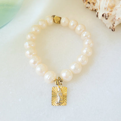 Freshwater Pearl 12mm Beaded Bracelet w/  Our Lady of Guadalupe Gold-plated Medal
