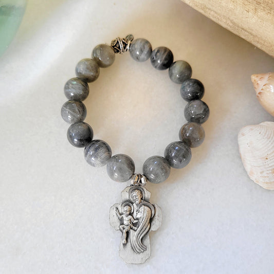 Labradorite Beaded 14mm Bracelet w/ Holy Family 7 Years Indulgence Silver Medal Cross 