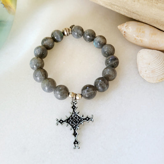 Labradorite Beaded 14mm Bracelet w/ Silver Filigree Intricate Cross - Afterlife Jewelry Designs