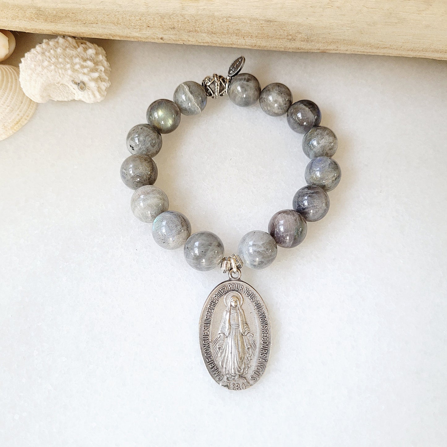 Labradorite Beaded 14mm Bracelet w/ Silver French Miraculous Medal of Mary