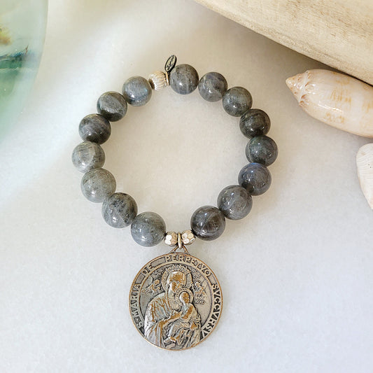 Labradorite Beaded 14mm Bracelet w/ Vintage Our Lady Of Perpetual Help Silver Medal