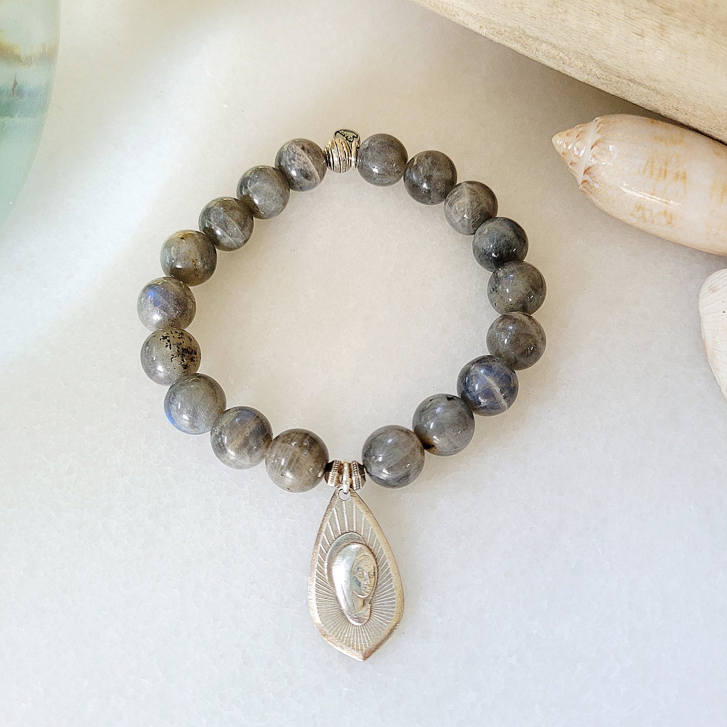 Labradorite Beaded 14mm Bracelet w/ Silver Virgin Mary Medal