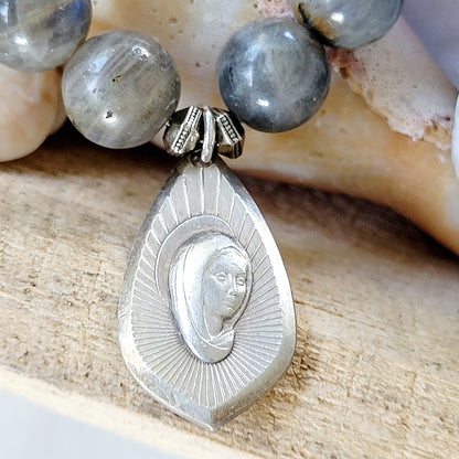 Labradorite Beaded 14mm Bracelet w/ Silver Virgin Mary Medal