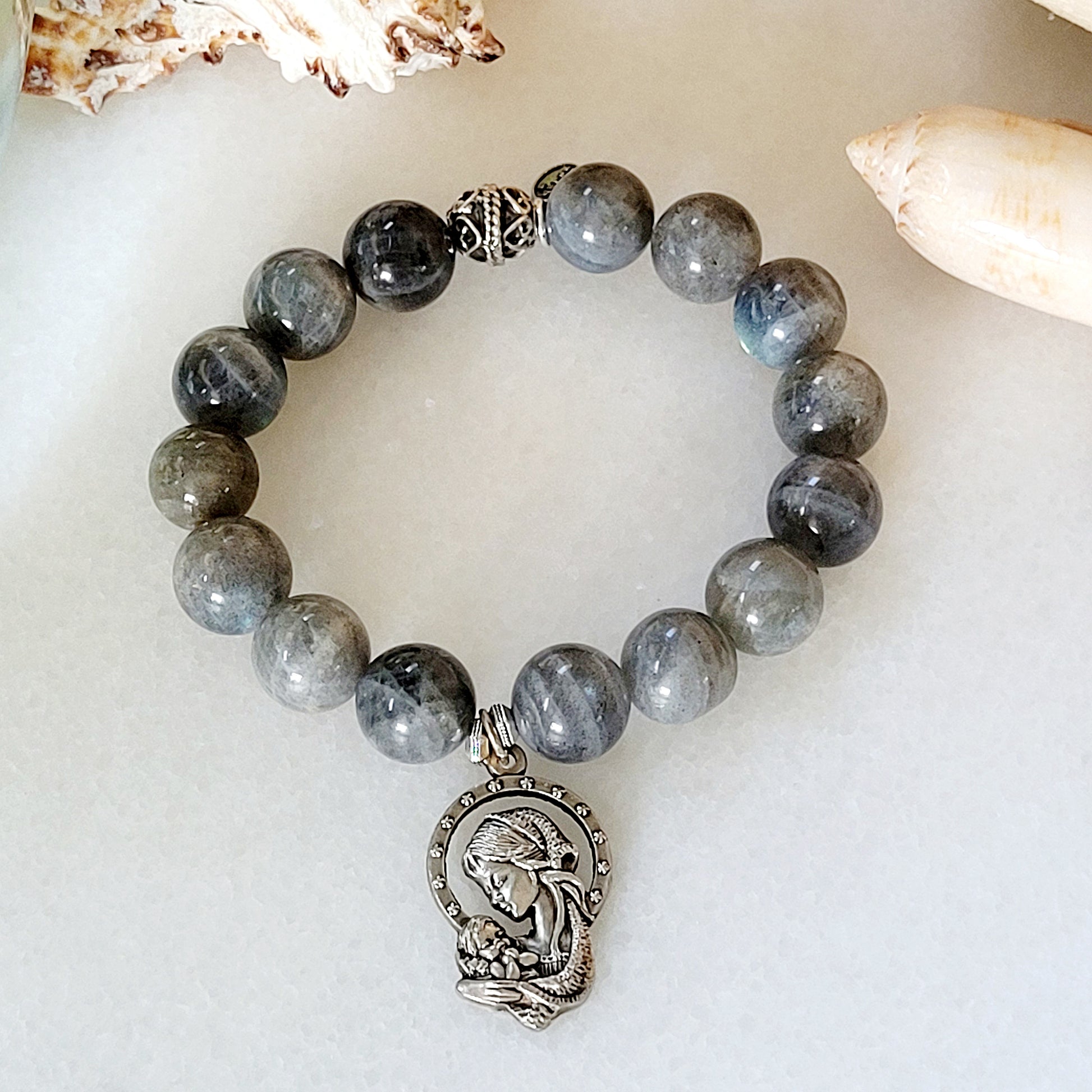 Labradorite Beaded 14mm Bracelet w/ Virgin Mary holding Child Jesus Medal from Italy