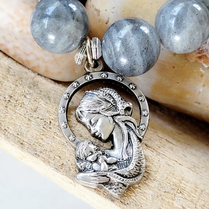 Labradorite Beaded 14mm Bracelet w/ Virgin Mary holding Child Jesus Medal from Italy