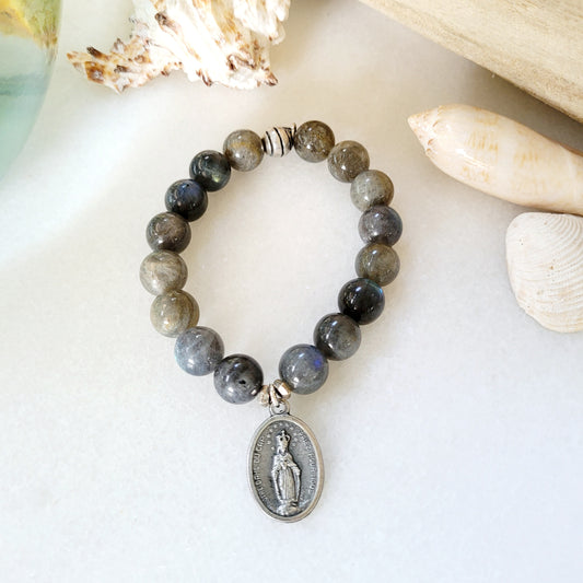 Labradorite Beaded 14mm Bracelet w/ Notre Dame du Cap + Sacred Heart of Jesus Silver Medal