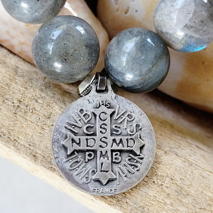 Labradorite Beaded 14mm Bracelet w/ Sterling Silver St. Benedict + Cross Medal - Afterlife Jewelry Designs