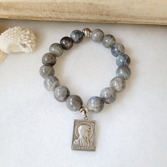 Labradorite Beaded 14mm Bracelet w/ Our Lady of Lourdes Silver Medal