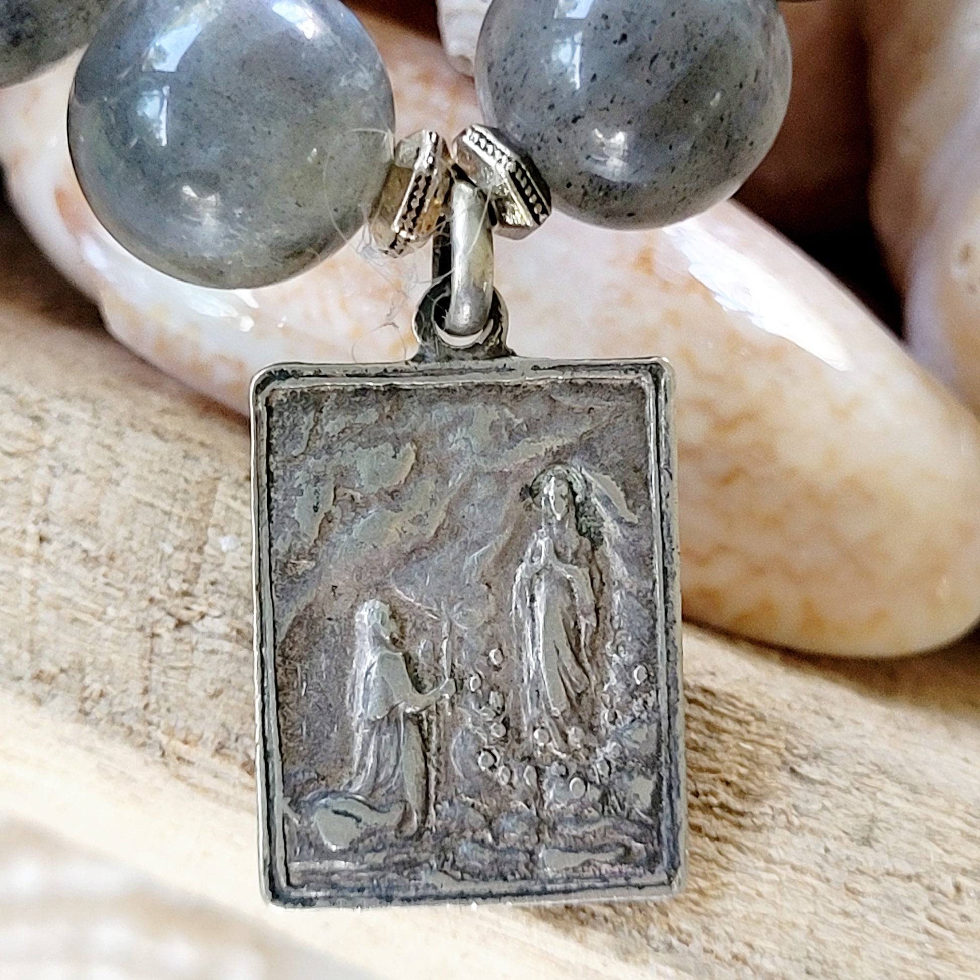 Labradorite Beaded 14mm Bracelet w/ Our Lady of Lourdes Silver Medal