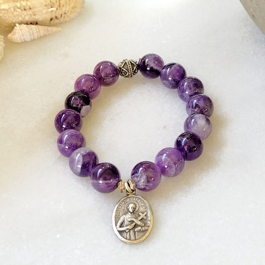 Amethyst 12mm Beaded Bracelet w/ Vintage Medal of St. Gerard Majella / Our Lady of Perpetual Help - Afterlife Jewelry Designs