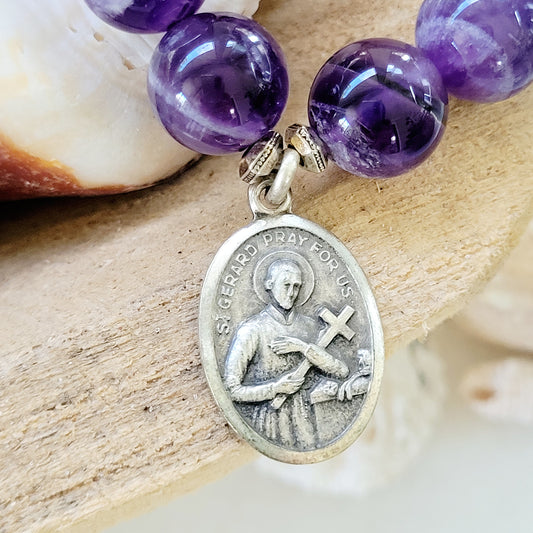 Amethyst 12mm Beaded Bracelet w/ Vintage Medal of St. Gerard Majella / Our Lady of Perpetual Help - Afterlife Jewelry Designs