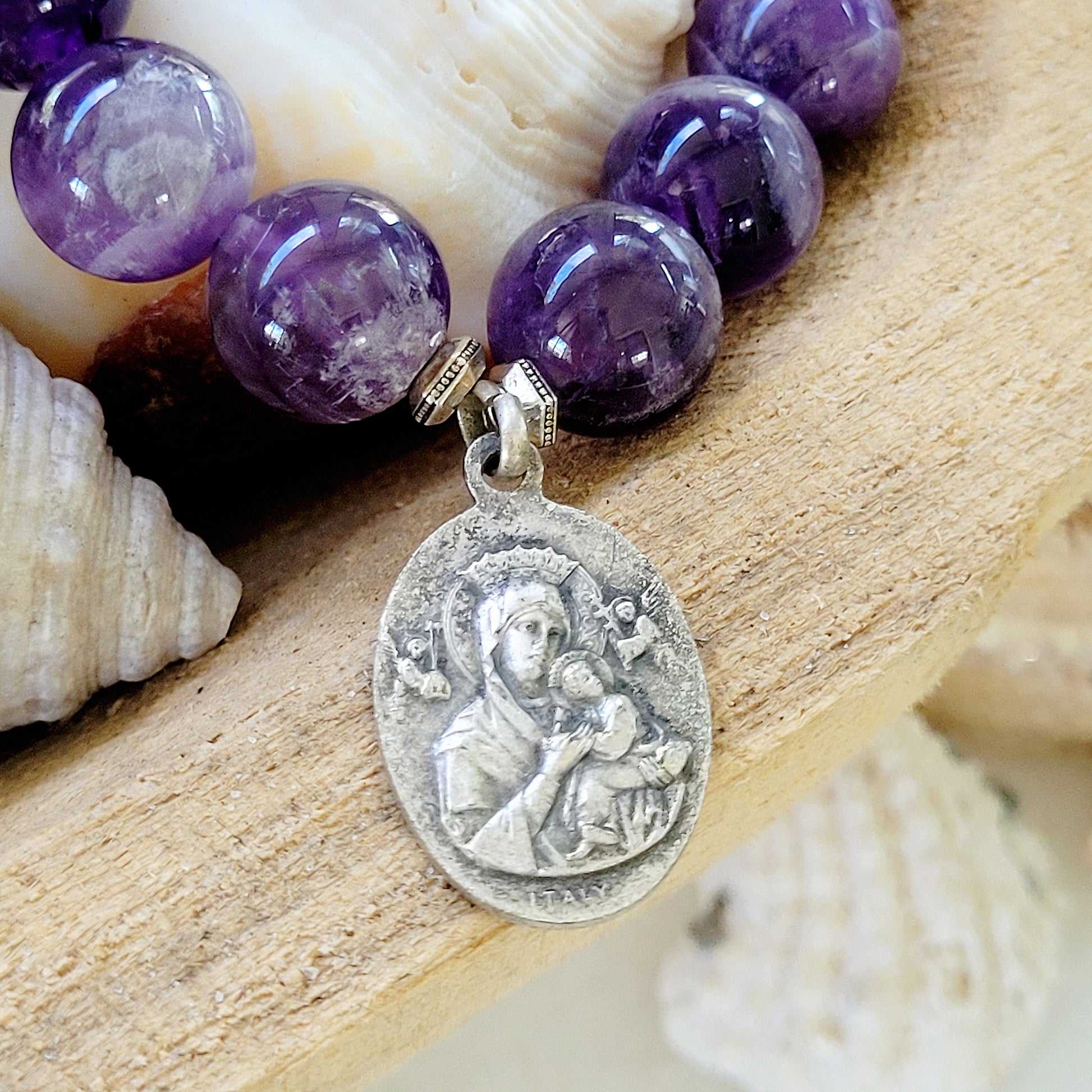 Amethyst 12mm Beaded Bracelet w/ Vintage Medal of St. Gerard Majella / Our Lady of Perpetual Help - Afterlife Jewelry Designs