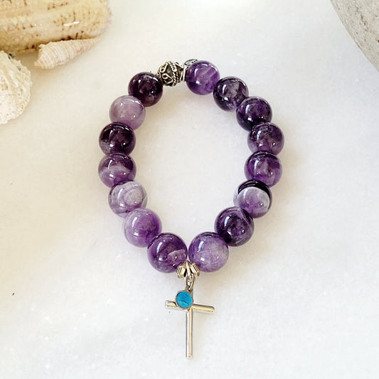 Amethyst 12mm Beaded Bracelet w/ Sterling Silver Cross + Enameled St. Christopher - Afterlife Jewelry Designs