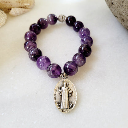 Amethyst 12mm Beaded Bracelet w/ Silver Medal of St. Benedict of Nursia - Afterlife Jewelry Designs