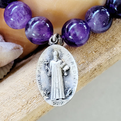 Amethyst 12mm Beaded Bracelet w/ Silver Medal of St. Benedict of Nursia - Afterlife Jewelry Designs