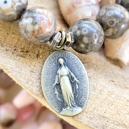 Crazy Lace Agate 12mm Beaded Bracelet w/ Silver Oval Miraculous Medal of Mary