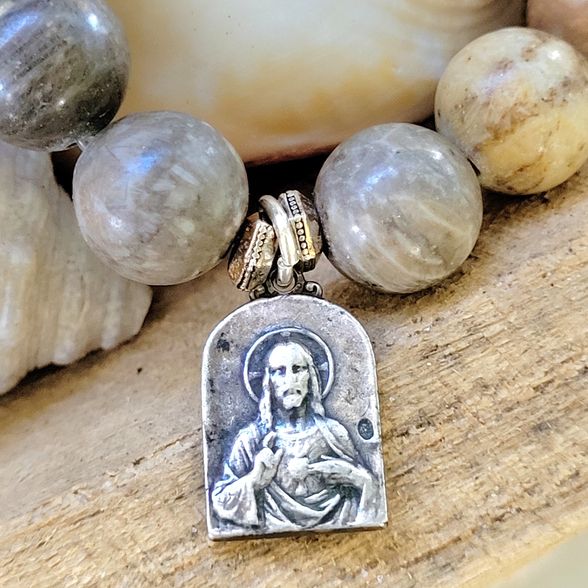 Jasper 10mm Beaded Bracelet w/ Sacred Heart of Jesus + Our Lady of Mount Carmel Silver Medal
