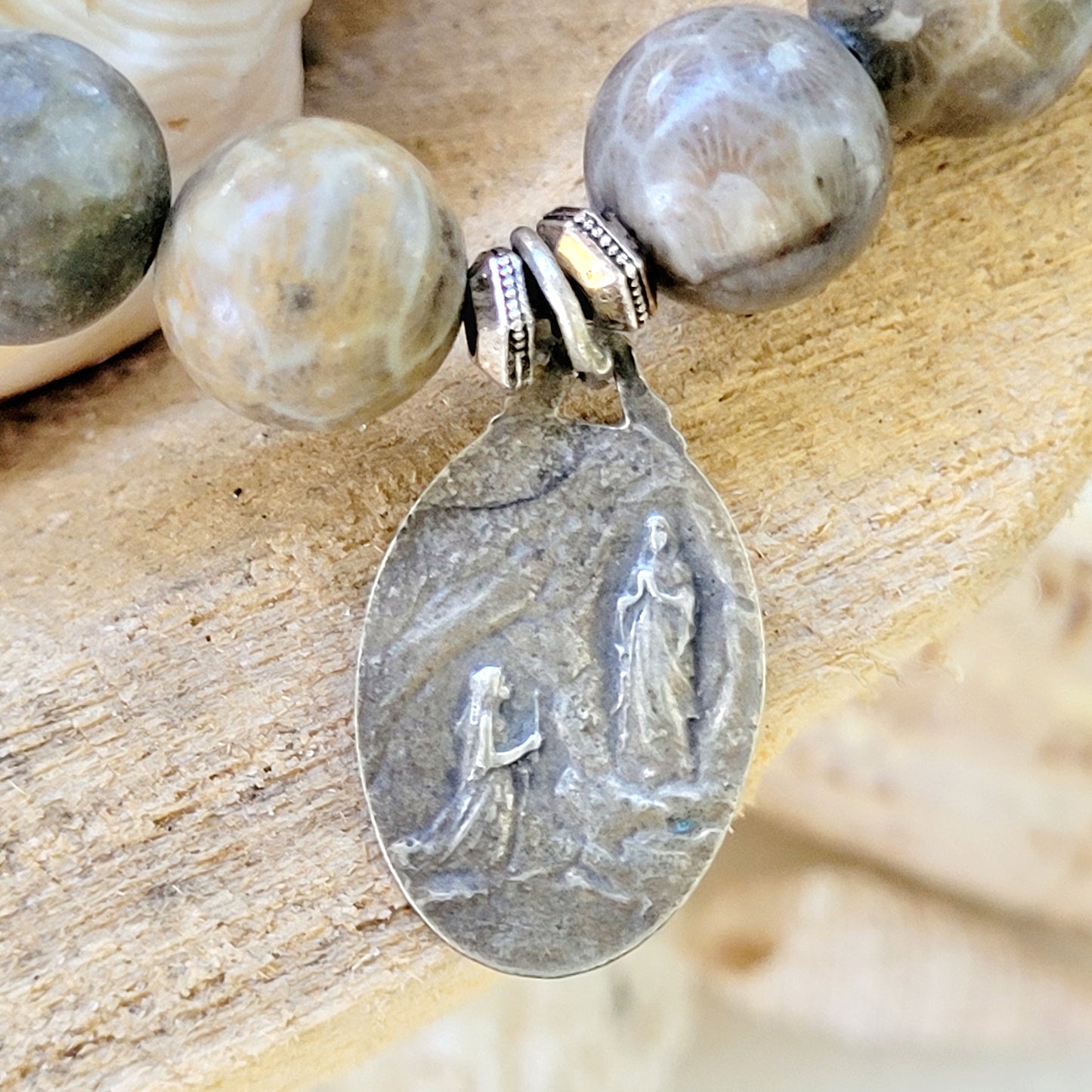 Jasper 10mm Beaded Bracelet w/ Our Lady of Lourdes Silver Medal - Afterlife Jewelry Designs