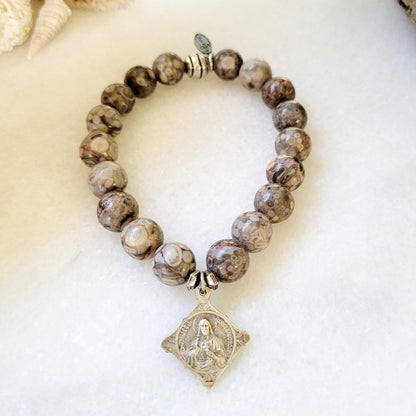 Jasper 10mm Beaded Bracelet w/ Sacred Heart of Jesus + Our Lady of Fatima Silver Medal