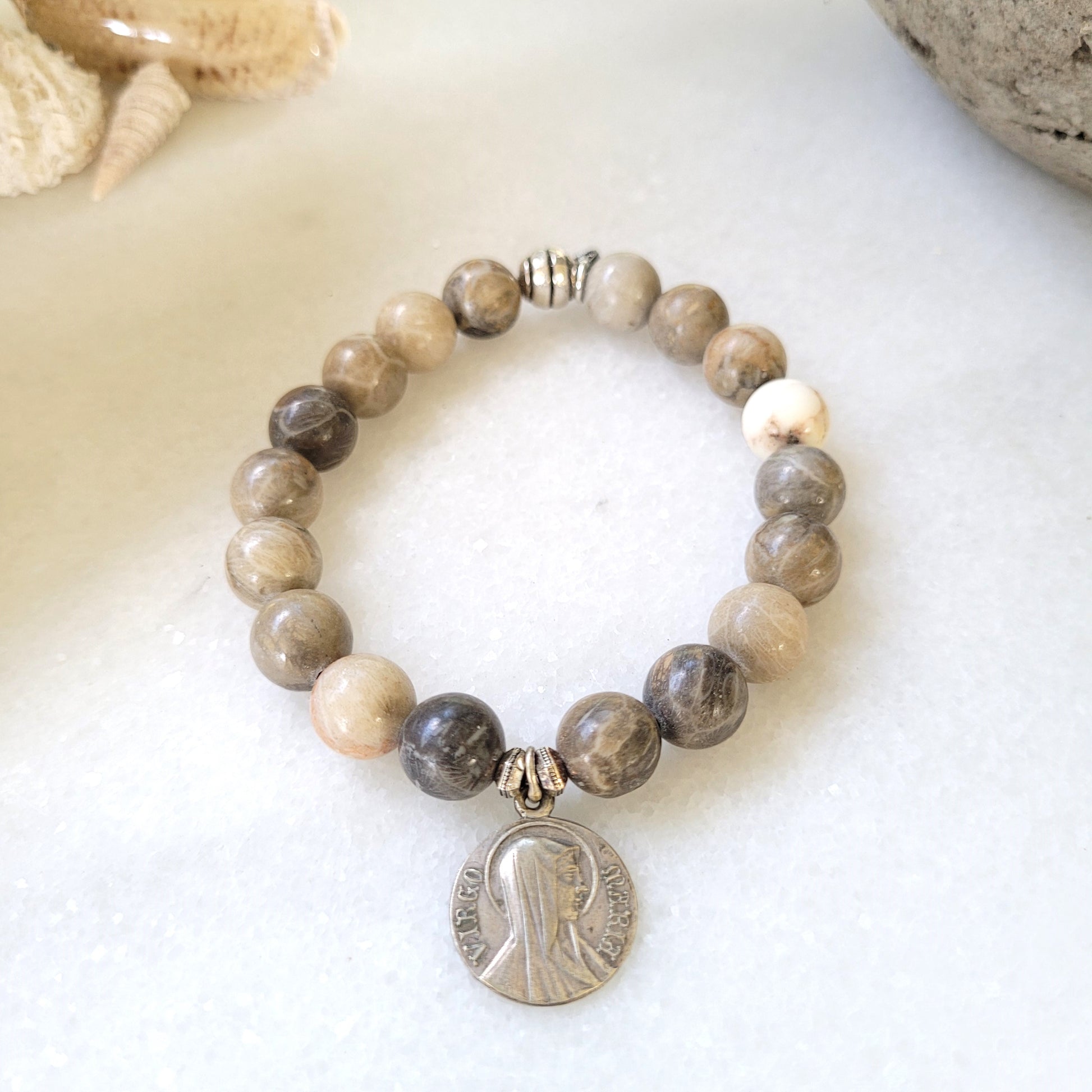 Jasper 10mm Beaded Bracelet w/ Virgo Maria + Our Lady of Lourdes Silver Medal - Afterlife Jewelry Designs